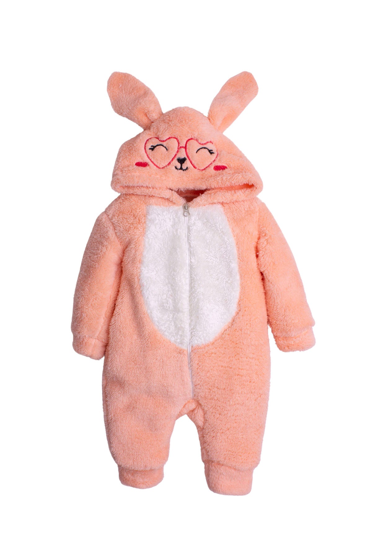 Kız Bebek Gözlüklü Tavşan Figürlü Fermuarlı Peluş Tulum 0-12 Ay